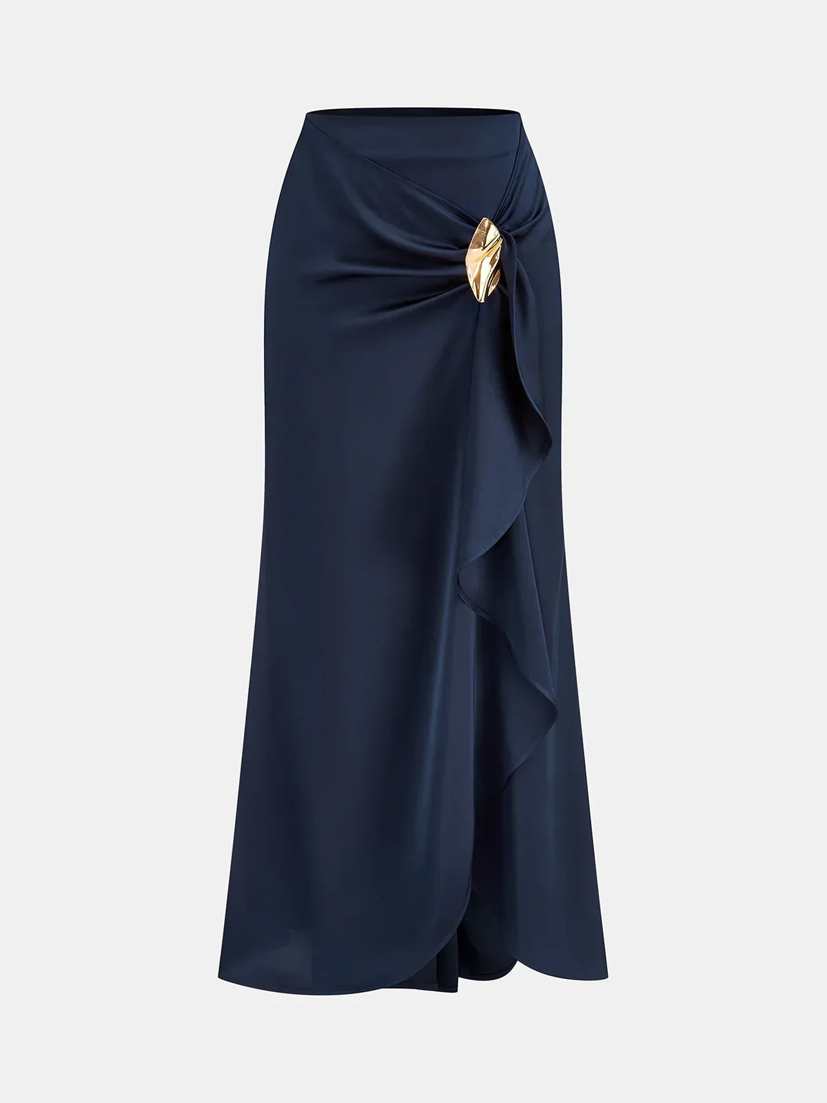 Asymmetric Ruffle Metal Detail Satin Maxi Skirt